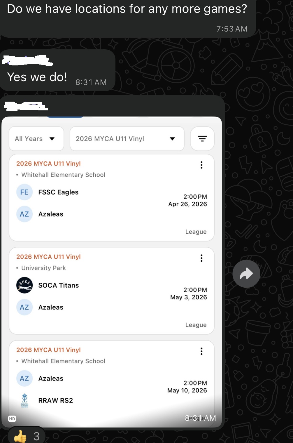 Screenshot of a cricket league schedule app showing three upcoming games